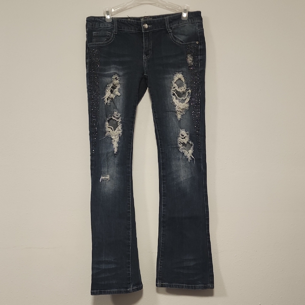 Premier Blue Flare Wide Leg Jeans with Distressed Accents
